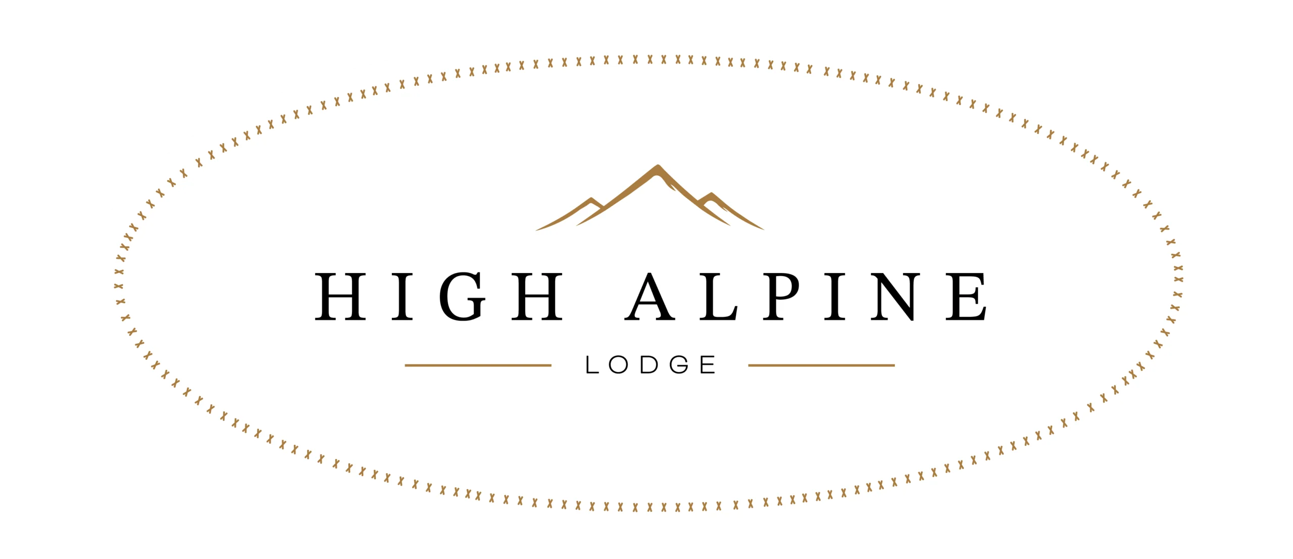 Logo for High Alpine Lodge with a mountain peak icon above the text 'HIGH ALPINE LODGE' inside a dotted oval border on black background.