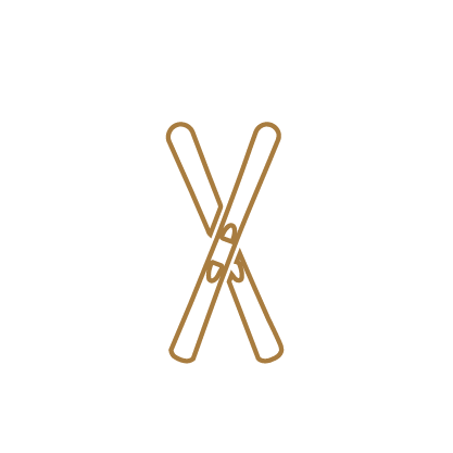 Two brown knitting needles crossed in an X against a black background, forming a simple icon.