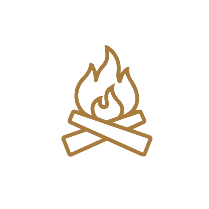 Crossed logs with a flame, campfire icon on a black background.