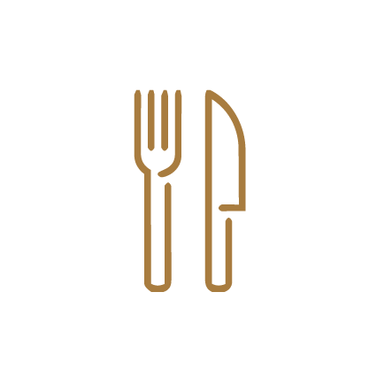 Brown fork and knife dining icon on a black background, representing restaurant or dining.